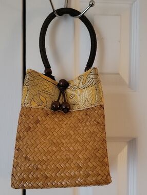 Woven Straw Handbag with Gold Brocade Trim